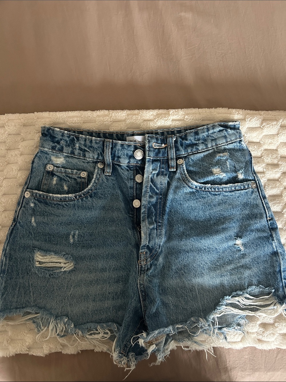 Zara Distressed Frayed Hem Denim Shorts - Blue